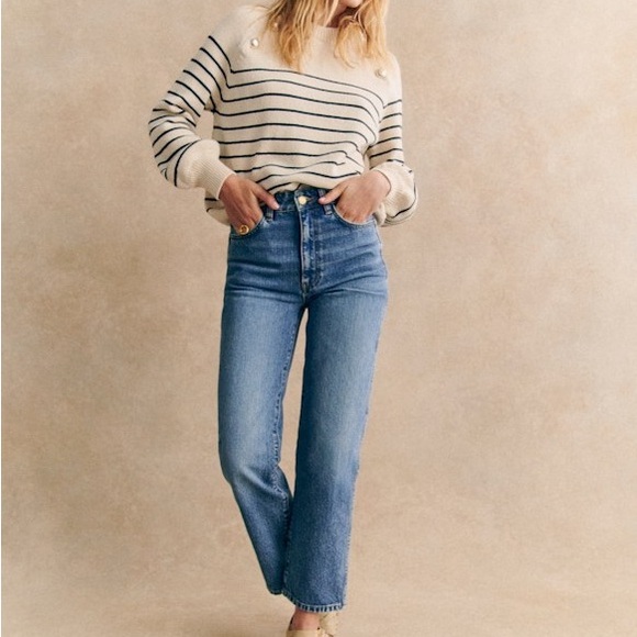 SEZANE L'ICONIQUE DROIT TROUSERS Blue Straight Leg Timeless Style 34” waistUS 12 - Picture 2 of 16